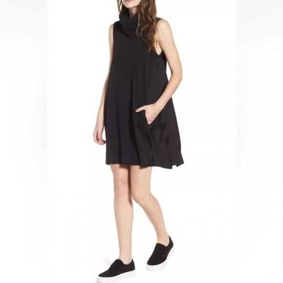 Standard James Perse Black Knit Mixed Media Turtleneck Shift Dress Size 0 XS - Picture 3 of 13